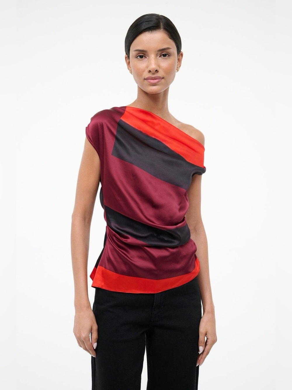 Staud 4 Phare Silk Blouse Off Shoulder Asymmetric Ruby Prism